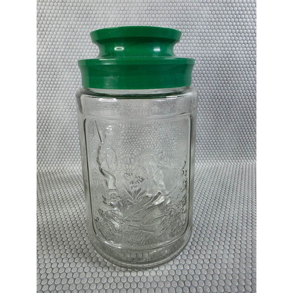 vintage 1970s Spring Anchor Hocking Tang glass storage embossed green lid.